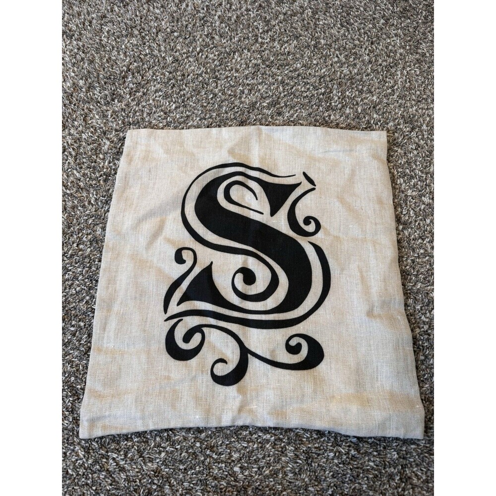 Pottery Barn Monogram S Pillow Cover 18x18 100% Linen Beige Black Decorative